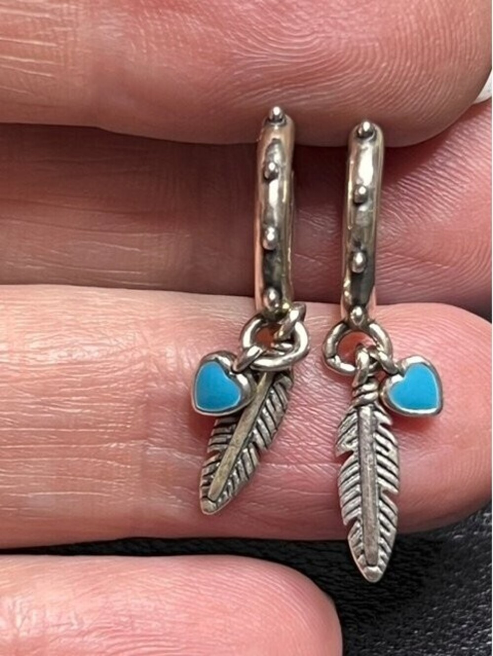 B6874 Pandora Sterling Silver Hoop Dangle Charm Earrings 1.25" Feather Heart